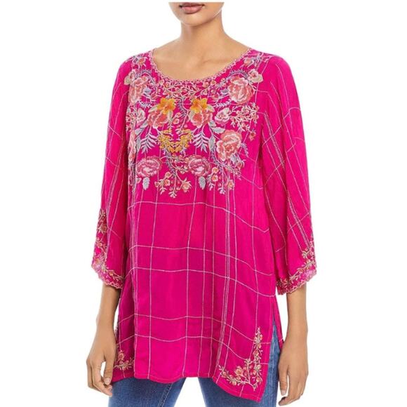 Johnny Was Pink Embroidered Tunic | Kimono Sleeve Boho Top, S, Cupra Rayon $410 - Picture 2 of 11